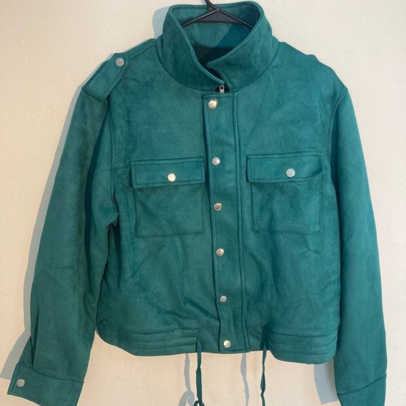Jackets & Blazers - Green Faux Suede Button Down Cropped Jacket (US 16-18)XL